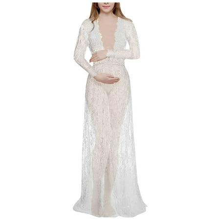 

GWAABD Summer Flowy Dresses for Women V Pregnant Maternity Dress Fashion Neck Sleeve Evening Lace Photography Maxi Women Long Women s Dress