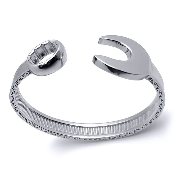 Mens Sterling Silver Jewelco London Heavy Casted Carved Spanner Bangle Bracelet
