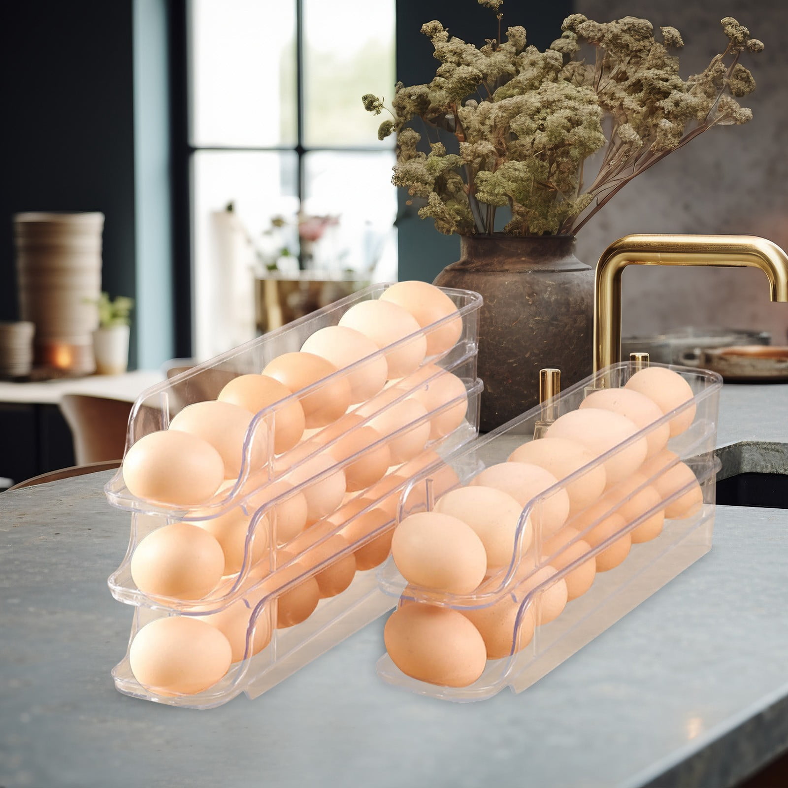 SouMaox Automatic Rolling Egg Dispenser Fridge Side Door Storage Rack Tilted Gravity Slide Tray Kitchen Pantry Organizer Space Saving Box