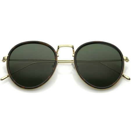 Modern Round Sunglasses Engraved Slim Metal Arms Neutral Color Flat Lens (Tortoise Gold / Green)
