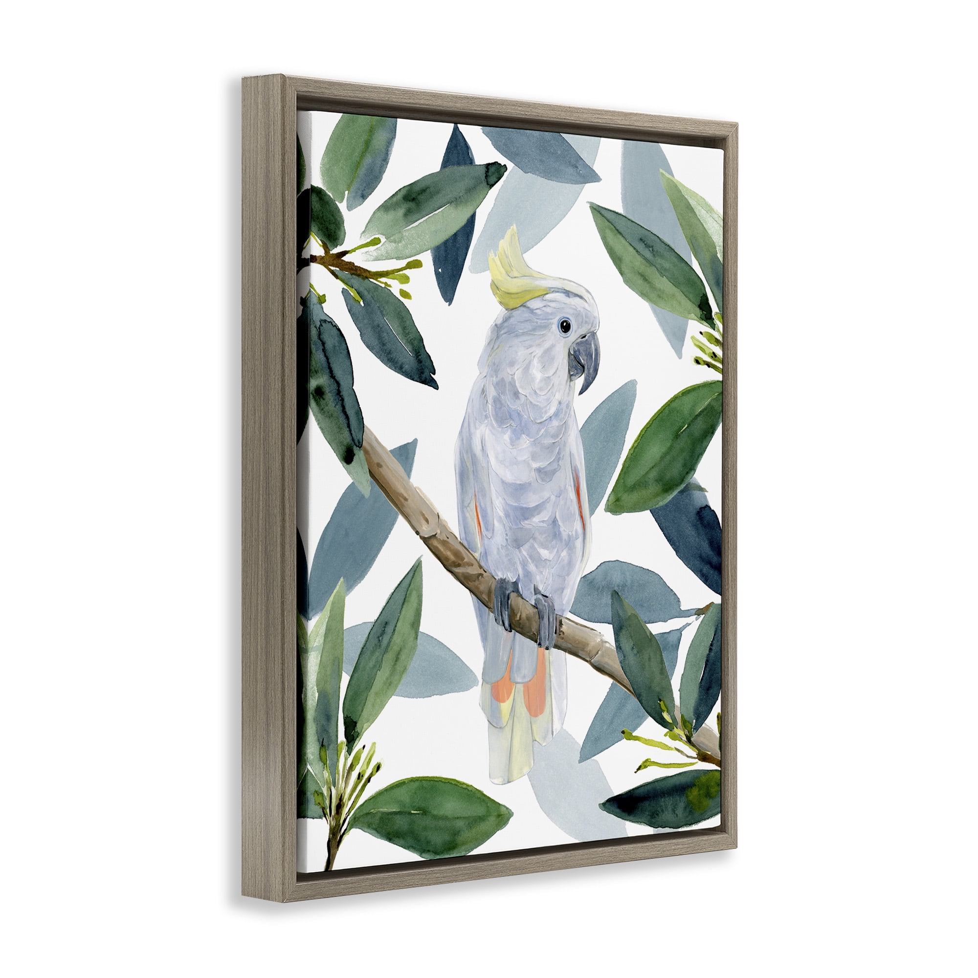 Stupell Industries Tropical Cockatoo & Greenery Animals & Insects Painting Brown Floater Framed Canvas Art Print Wall Art, 25 x 31