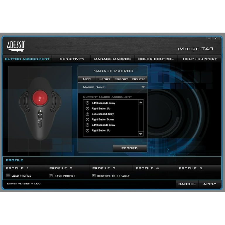 Adesso iMouse T40 Wireless Programmable Ergonomic Trackball Mouse