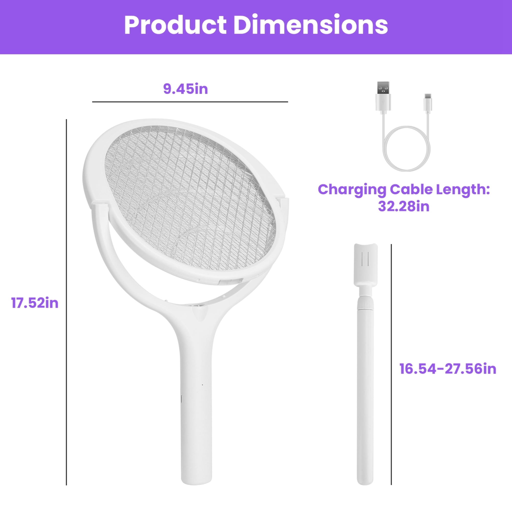 3-in-1 Electric Bug Zapper Racket with Telescopic Extension - Indoor and Outdoor Mosquito Swatter