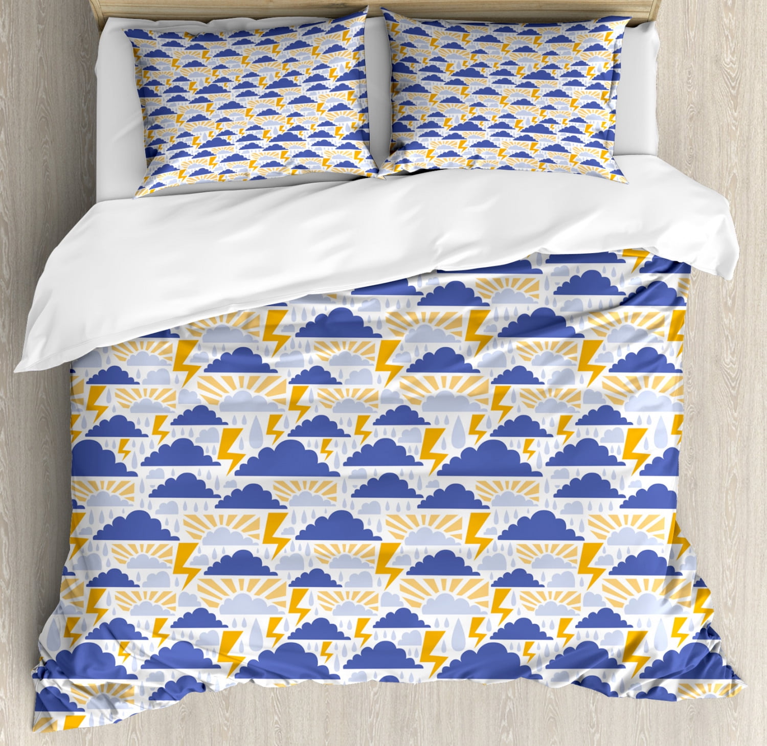 Blue And Yellow King Size Duvet Cover Set Clouds Pouring Water