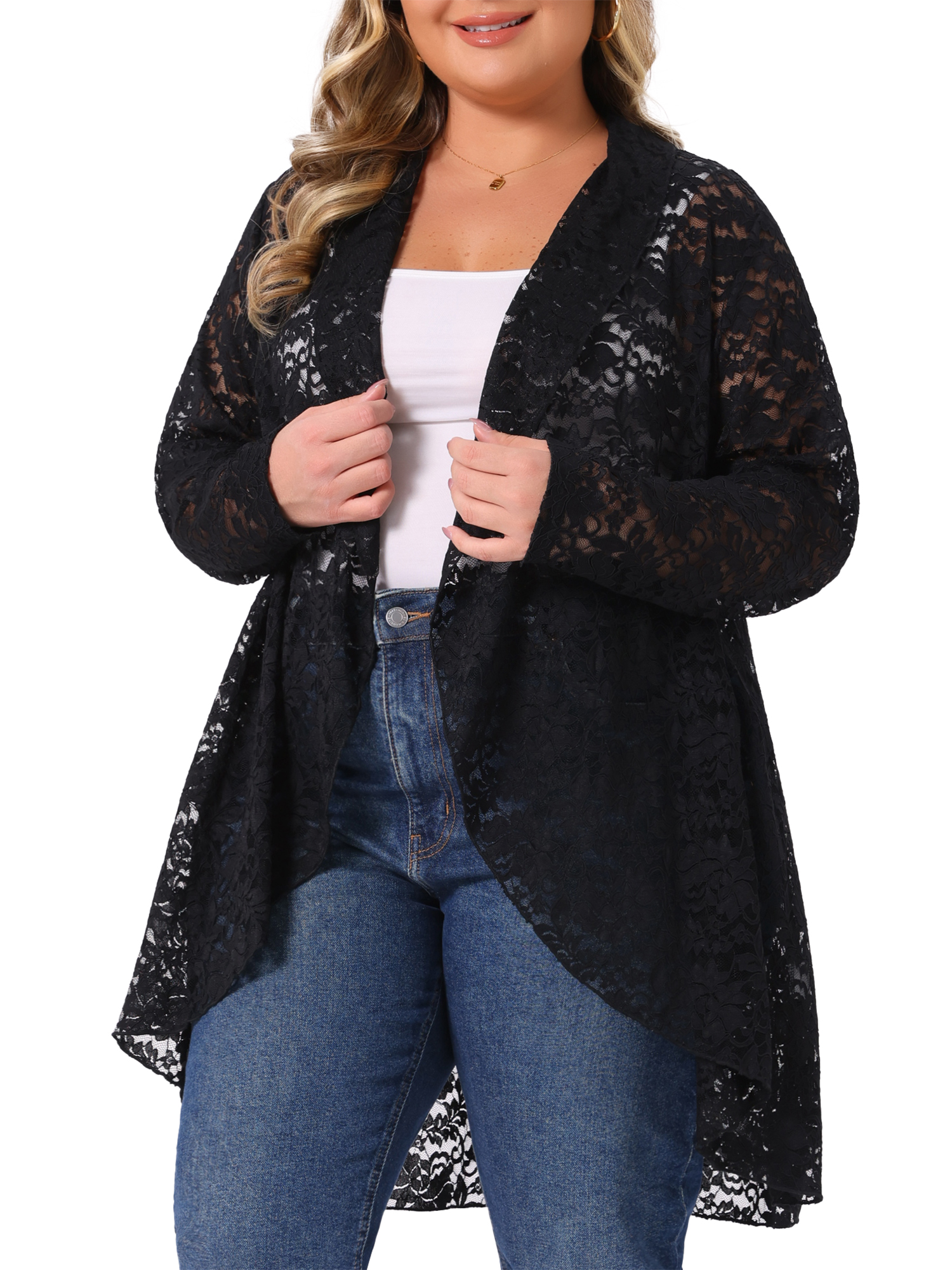 DARING DIVA Women's Plus Cardigan Open Front  Sheer Lace Crochet Cover Up 3X Black