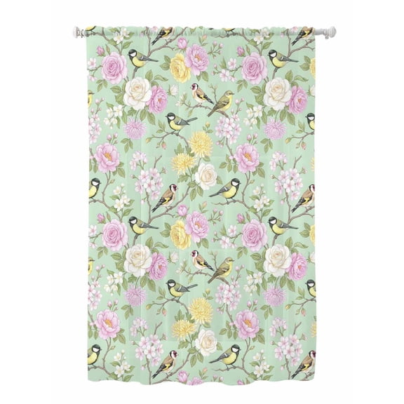 Sheer Curtains 63 Inch Length, Sage Green Spring Floral Semi Sheer Curtains Light Filtering Window Treatment, Elegant Farmhouse Flowers Birds Watercolor Privacy Voile Drapes 52x63 Inch