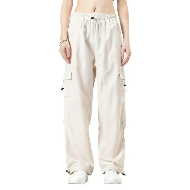 Amzcrzy Pantalones cargo informales para mujer: cintura elástica con cordón, bolsillos con solapa, estilo paracaídas/harem/jogging, holgados, cintura alta, tallas M-2XL. Beige
