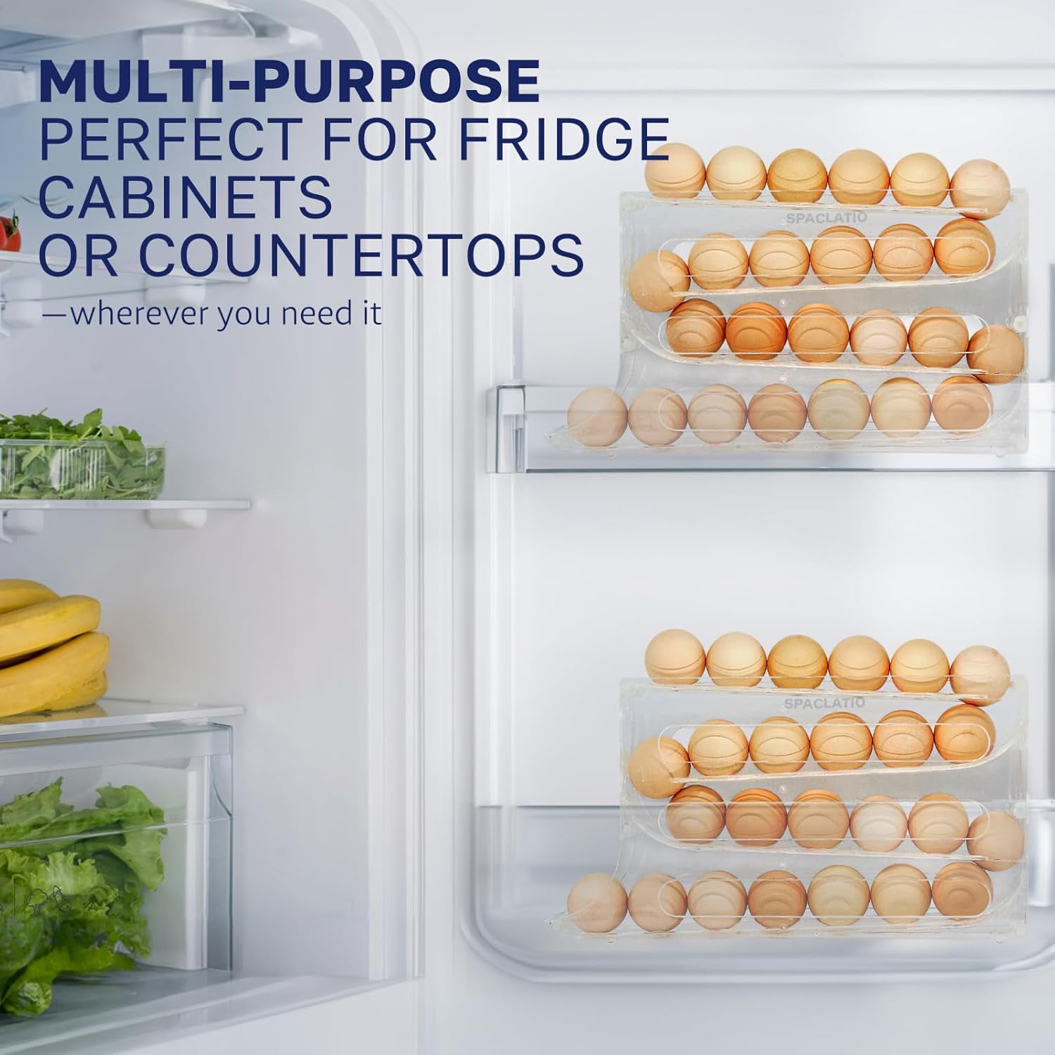 CAILDANL 4 Tiers Egg Holder for Fridge with 30 Egg Capacity - 2 Pack Auto Rolling Egg Storage Organizer for Refrigerator, Space Saving Egg Tray in Kitchen (Clear)