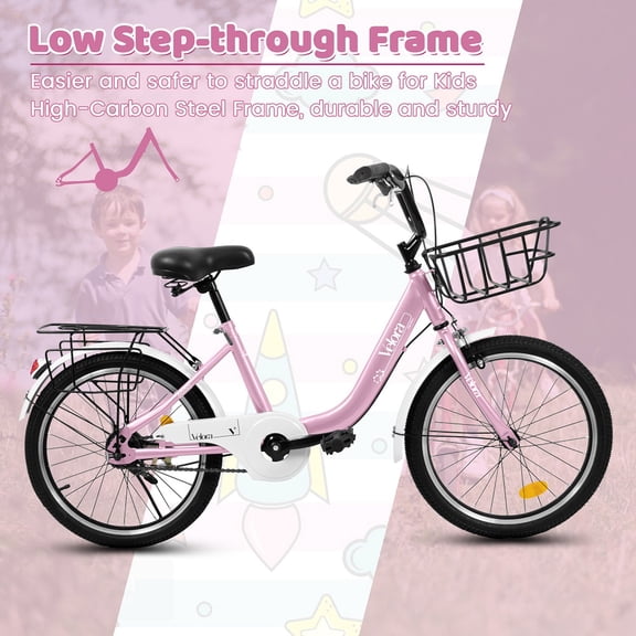 20 Inch  Bicycle with Coaster Brake & V-Brake, 1-Speed, Chain Guard & Rear Rack, Lightweight Steel Frame  Pink