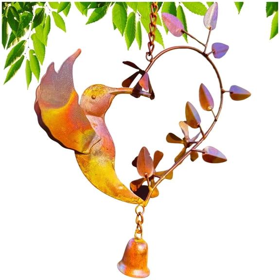 Happy Gardens Handcrafted Hummingbird Heart Steel Wind Ornament & Bell (Flamed Finish) Rustic Outdoor Metal Hook Hanging Decor for Outside Back Yard (1-Pack)