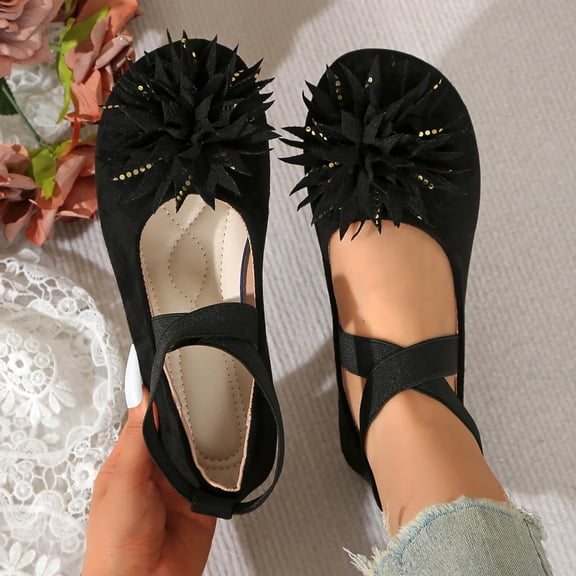 Xucatan Women's Floral Flat Shoes, Fabric Flower Embellished Slip On Loafers with Elastic Ankle Straps, Round Toe Casual Low Top Pumps, Versatile Plus Size Design Gift