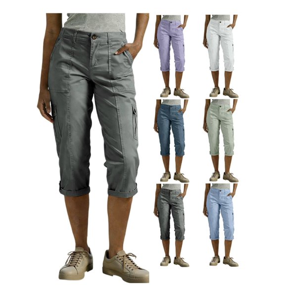 Miluxas Womens Cargo Capri Pants Mid Waist Straight Leg Capris Rolled Cuff Cropped Trousers with Pockets Summer Casual Pants for Hiking White