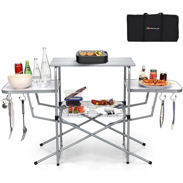 Folding Grill Table, Aluminum Camping Table with 26'' Main Tabletop