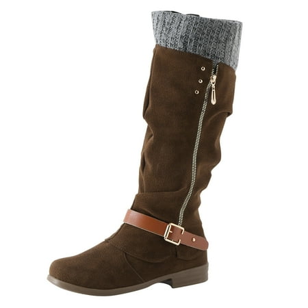

nsendm Female Shoes Adult High Boots for Women Flat Wide Calf Furball Embellished Boots Knee High Boots for Women Flat Brown 6.5