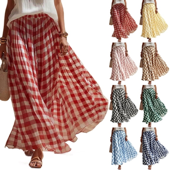 Juesizh Womens Maxi Skirt Plaid Print Summer Skirt Flowy Comfy Elastic Waist Casual Skirt, S-2XL