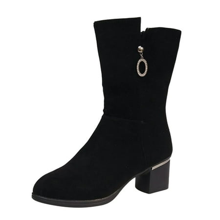 

SEMIMAY Fashion Women Rhinestones Solid Color Autumn Thick Sole Square Heels Zipper Mid Booties Round Toe Shoes Black