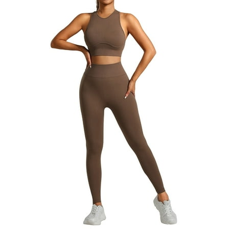 XDDLITP Workout Sets for Women 2 Piece Padded Racerback Ribbed Sports Bra with High Waist Leggings Sets Gym Work Out Outfits Clothes Brown S