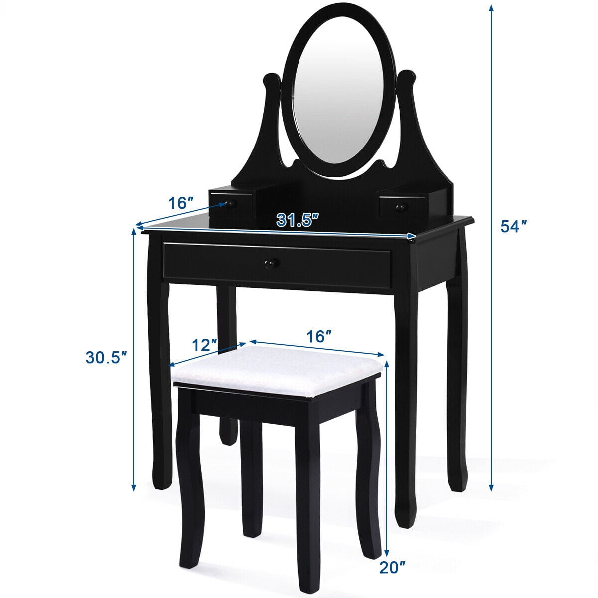 Gymax Fashion Bedroom Wooden Mirrored Makeup Vanity Set Stool Table Set Black