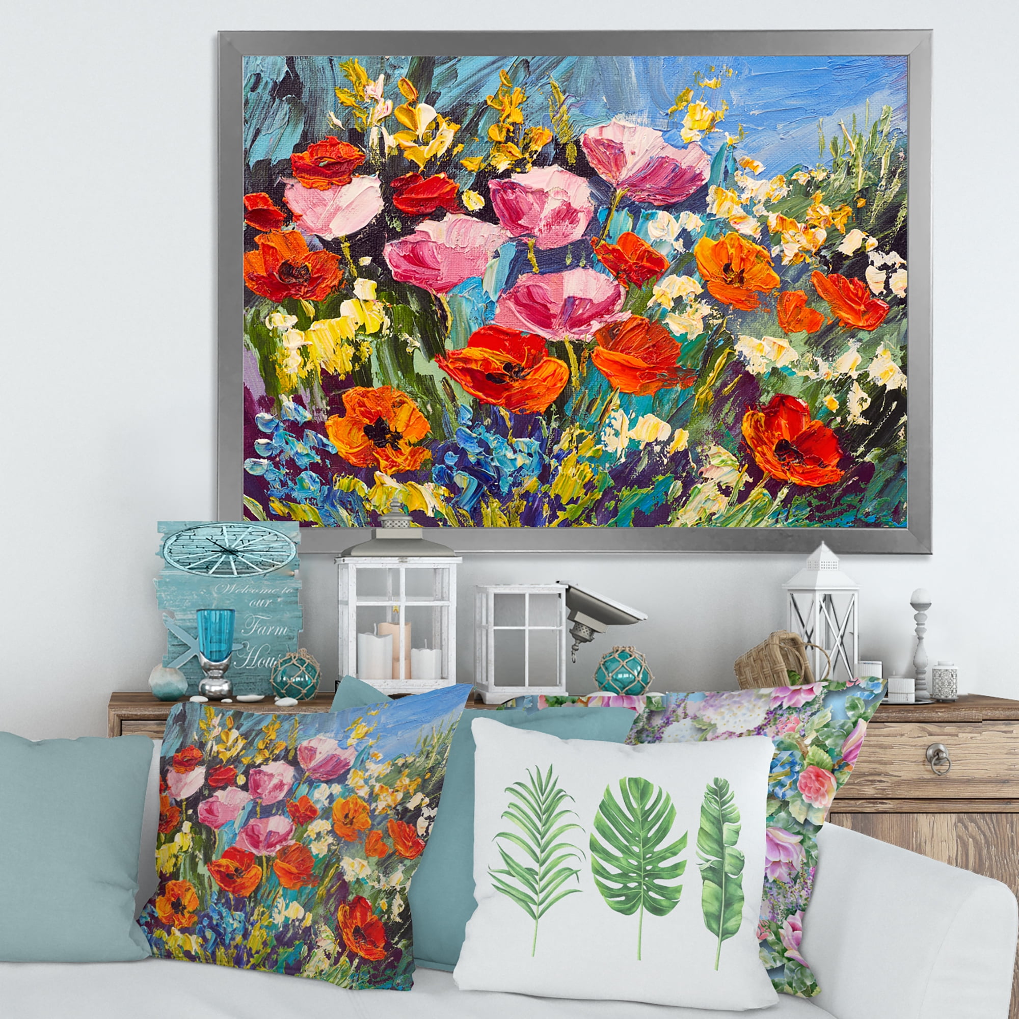 Colorful Spring Poppies In Field 32 in x 16 in Framed Painting Canvas Art Print, by Designart