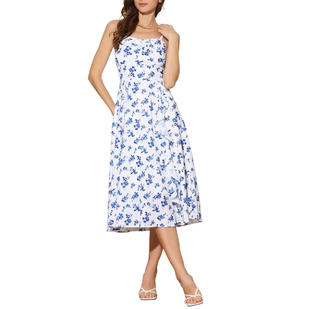 Vestido midi casual sin mangas de cuello cuadrado con flores y tirantes de espagueti para mujer, espalda fruncida, color azul