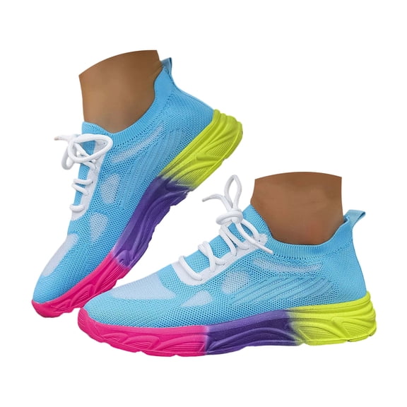 Rokment Color Block Running Tennis Walking Shoes for Women Comfortable Knit Lace up Athletic Workout Fitness Jogging Platform Sneakers Blue Size 5.5