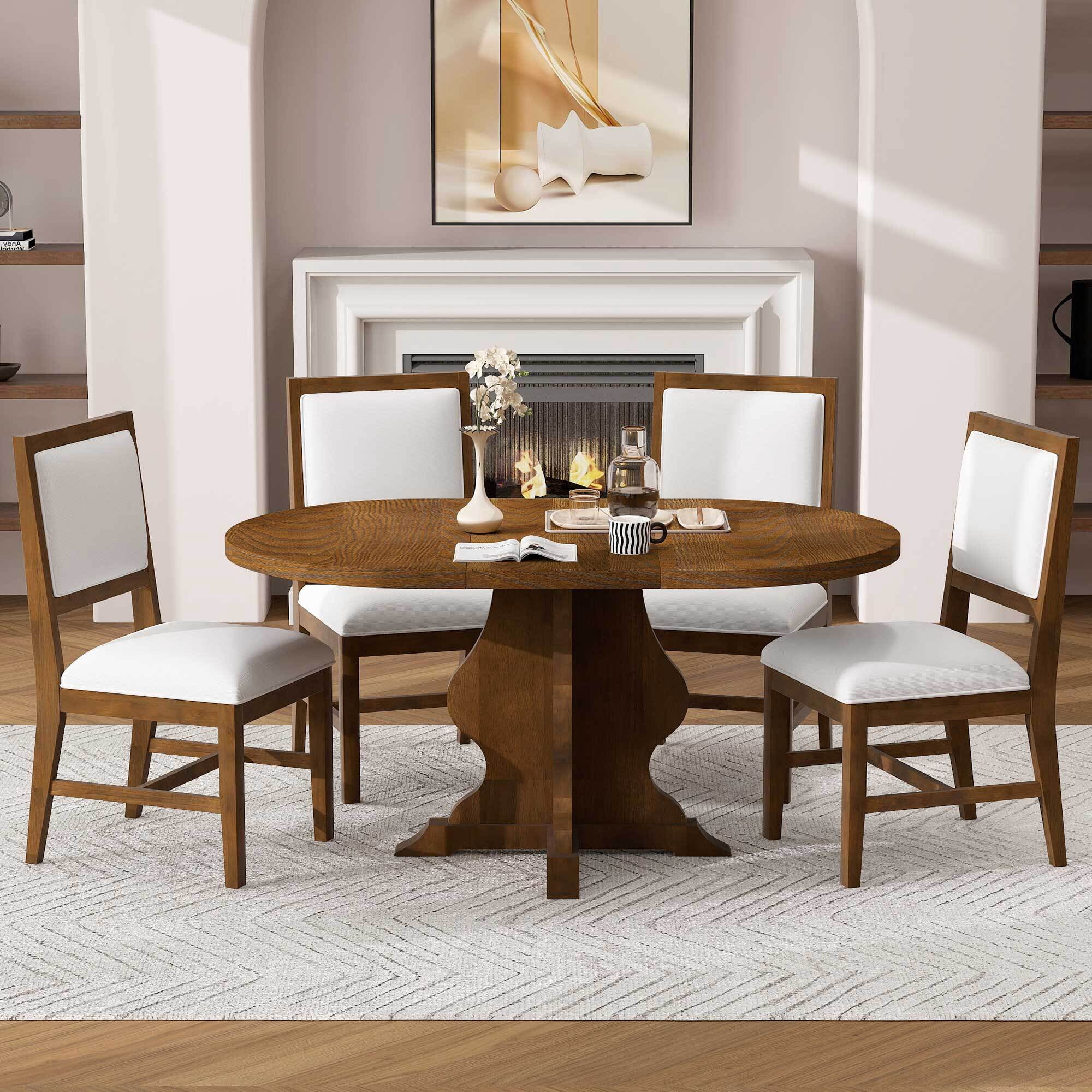 Euroco 5-Piece Round Dining Table Set for 4, 58" Extendable Kitchen Table with 4 Upholstered Chairs,Solid Wood Dining Set for Small Space,Brown