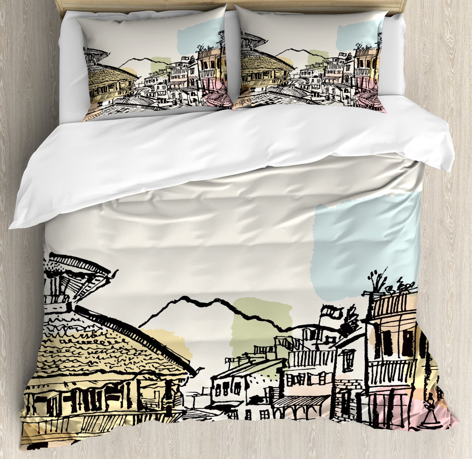 Nepal Queen Size Duvet Cover Set, Hand Drawn Temples of Durbar