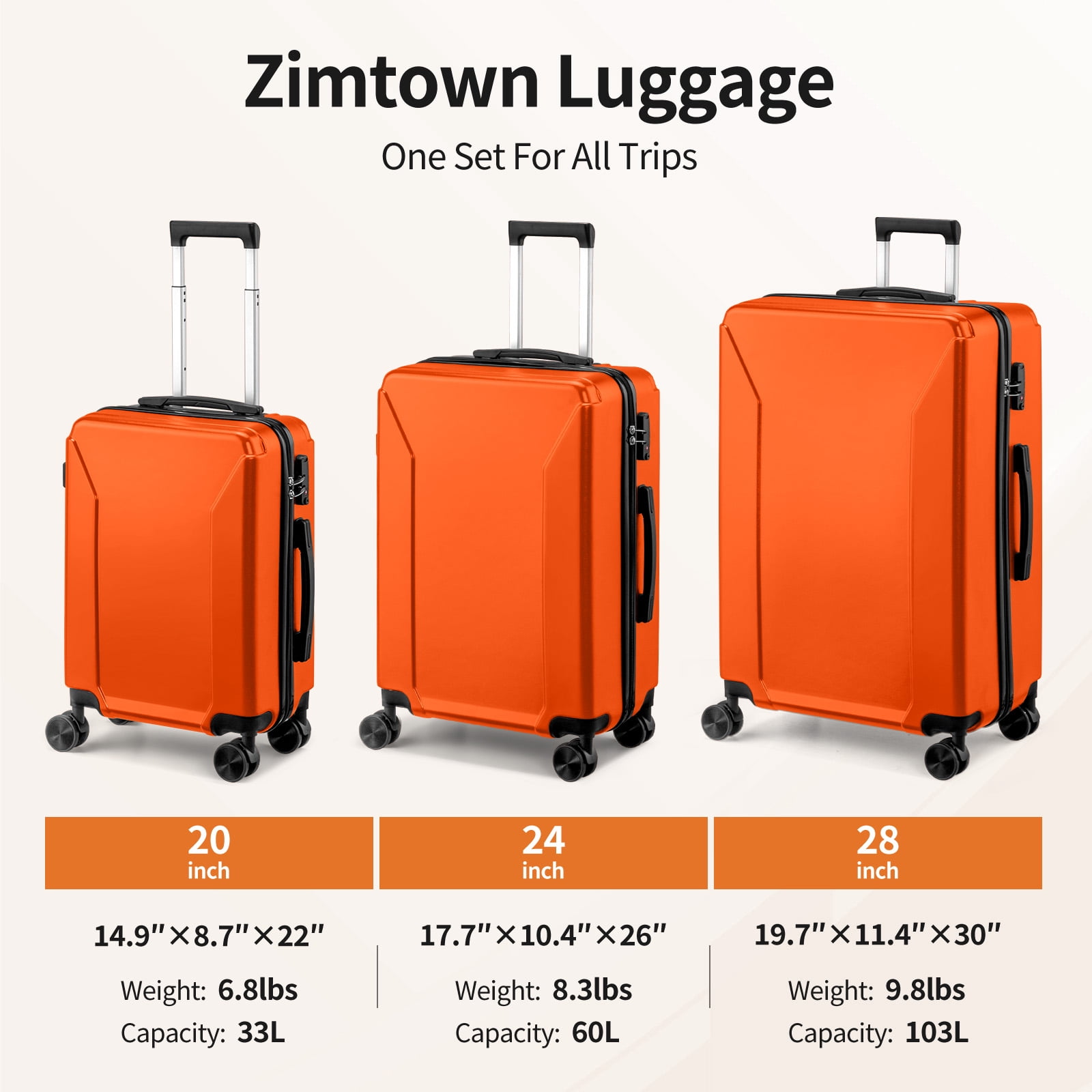 Zimtown 3-Piece Luggage Set with 8 Packing Cubes, Hard Shell Suitcases with Spinner Wheels TSA Lock, Orange