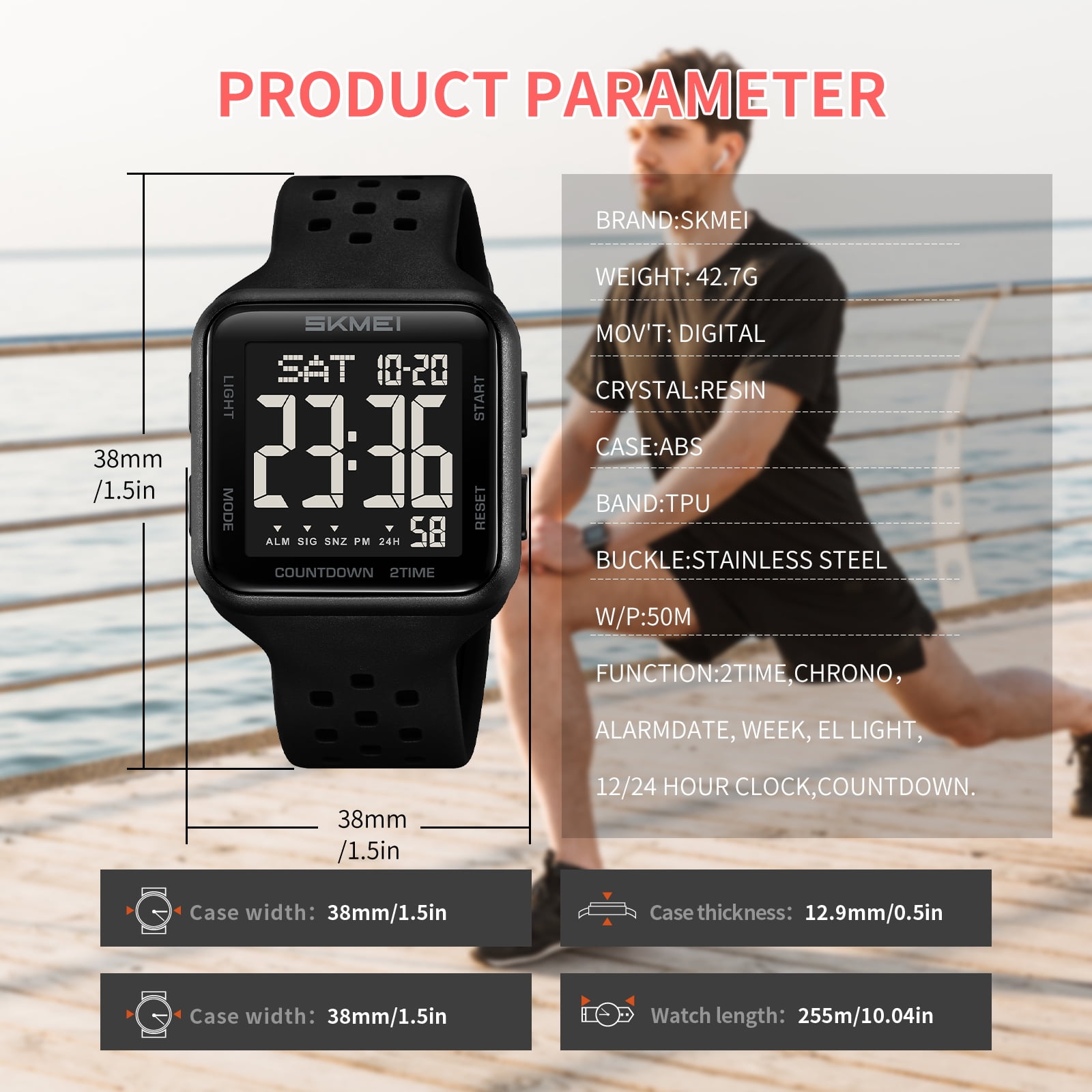 SKMEI Mens Watch Digital Outdoor Sports Waterproof Large Face Wrist Watches for men with LED Back Ligh/Alarm/Stopwatch