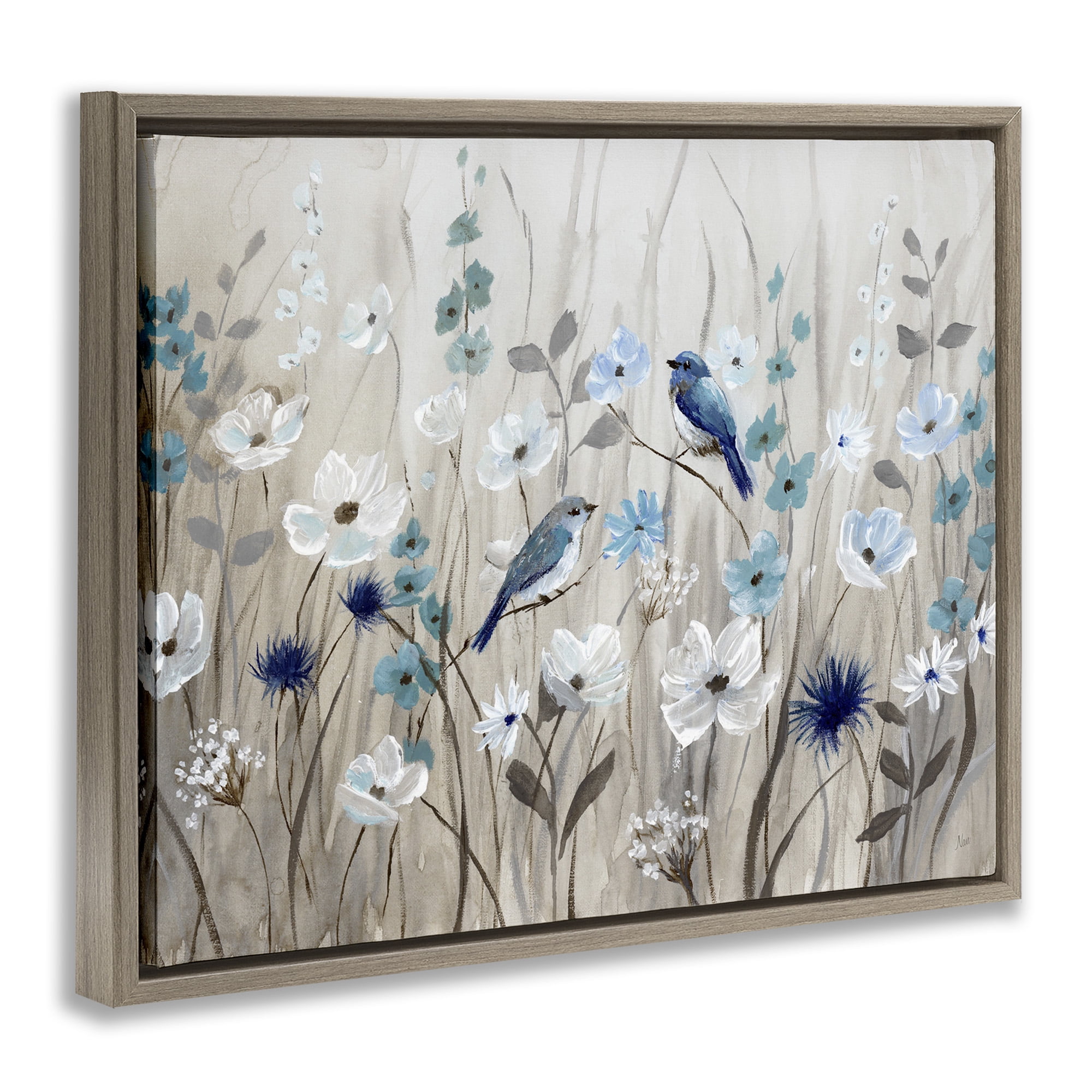 Stupell Industries Birds Floral Meadow Blossoms Botanical & Floral Painting Brown Floater Framed Canvas Art Print Wall Art, 21 x 17