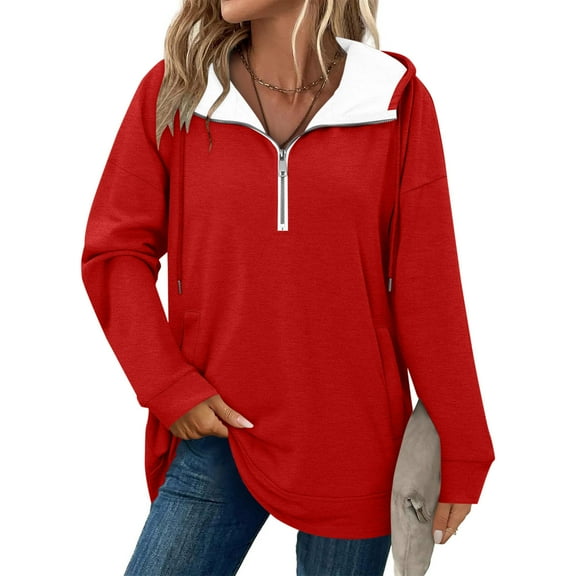Women's Hoodie Long Sleeve Quarter Zip Up Solid Pullover Sweatshirt with Pockets Red XL