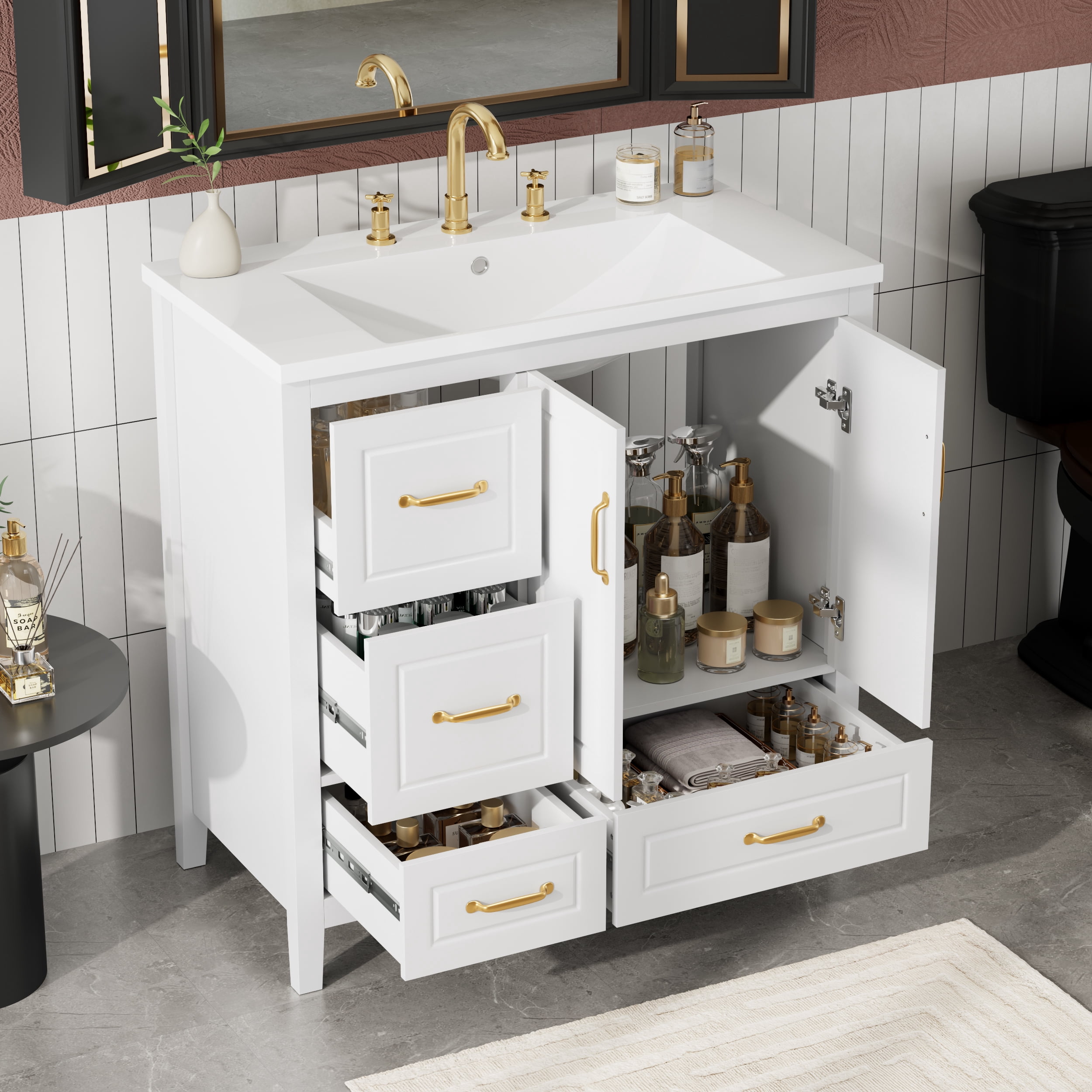 Euroco 36'' Freestanding Bathroom Vanity with Resin Sink, Gold Handles, Soft-Close Doors & Drawers, Open-Back Design