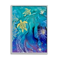 Stupell Industries Abstract Blue Sea Turtles Abstract Painting Gray Framed Art Print Wall Art, 11 x 14