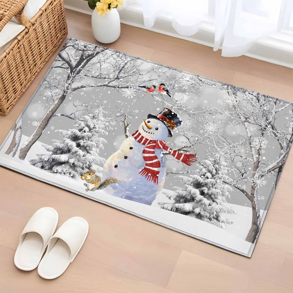 Grey Christmas Bathroom Rug Washable 2x3 Entryway Rug Non Slip Snowman Xmas Tree Snowflake Winter Birds Branches Front Door Mat Low Pile Indoor Doormat Throw Floor Carpet for Kitchen Bedroom Entrance