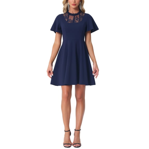 INSPIRE CHIC Women's Dress Floral Lace Mesh Flutter Sleeve Hight Neck Casual Midi Dress S Dark Blue