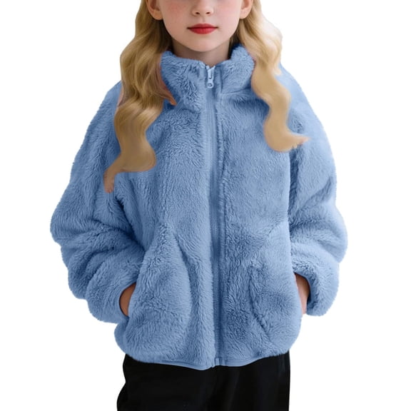 Wxirdiow Girls Sherpa Jacket Girls Fleece Jacket - Full Zip Soft Sherpa Coat Hooded Winter Jacket - Warm Coat for Girls Blue Size,14-18 Years