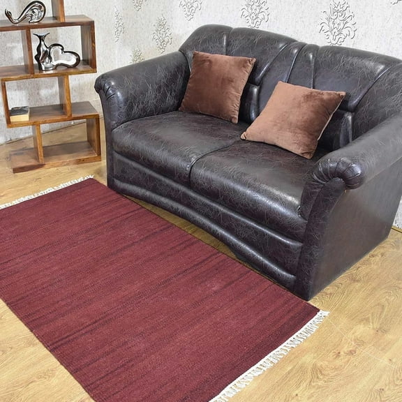 Rugsotic Carpets Hand Woven Kilim Area Rug, 3'x5', Dark Red, Wool, Flat Weave, Low Pile, Rectangle, Solid Design
