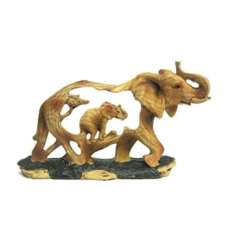 Wooden Elephant Figurine Ebros Gift Elephant and Baby Walking in The Wild Faux Wood Figurine Elephant Walking with Baby Calf Wildlife Safari Scene Sculpture ()