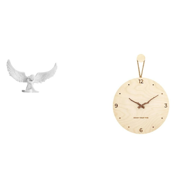 Escultura de ángel de resina con elegante y minimalista reloj de pared de madera nórdica para decoración moderna de hogar, oficina y estantería.