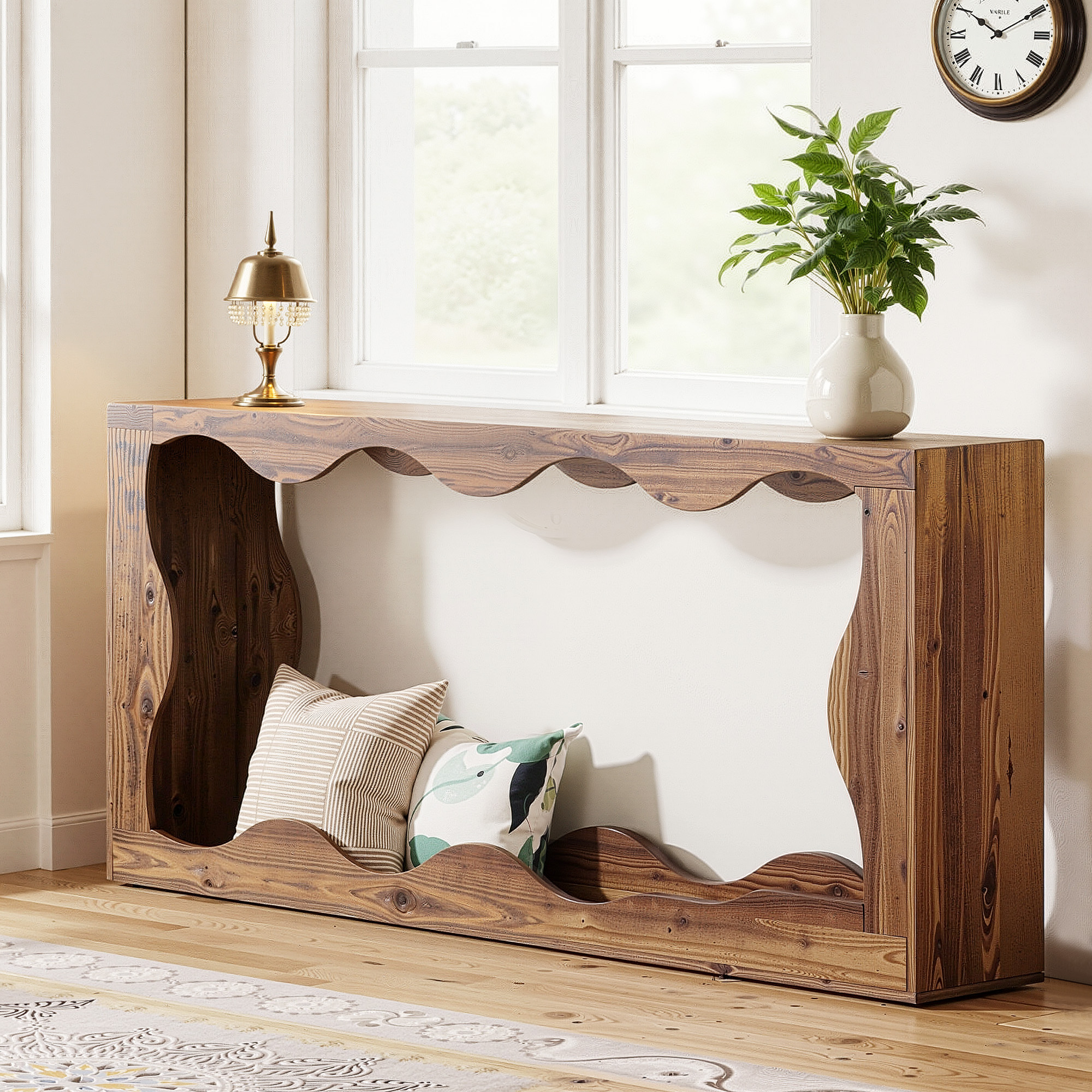 MAYEERTY 63" Wavy Scalloped Console Table, Retro Farmhouse 2-Tier Entryway Table for Home