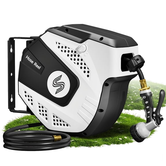 1 PC 40 FT Retractable Garden Hose Reel, Auto Rewind & Slow Return System, 180° Swivel, Any Length Lock with 10 Spray Pattern Nozzle