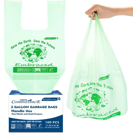 BEIDOU-PAC 3 Gallon Compostable Trash Bags 100 Count Small Kitchen Compost Bags with Handle
