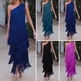 thumbnail image 2 of Quixlent Women Evening Dress Layered Fringed Tassel One Shoulder Sleeveless Solid Color Asymmetric Ankle Length Cocktail Party Prom Dance Maxi Dress, 2 of 8