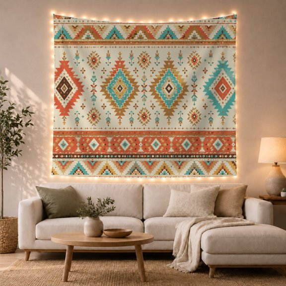 Symmetrical Tribal Diamond Motifs on Cream Background, Peaceful Boho for Bohemian Decor Enthusiasts, Tribal Pattern Wall Art, Housewarming Gift Tapestry Wall Hanging for Bedroom and Living Room