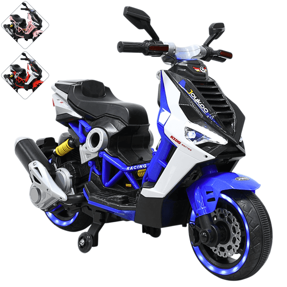 Motocicleta Eléctrica Montable JOYKOO para Niños Luces LED Bluetooth Llantas de Equilibrio Batería 12V Diseño Sport - Azul