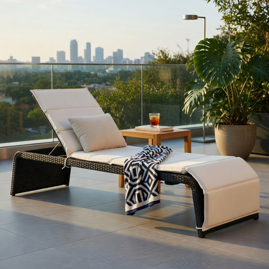 Hommoo Adjustable Outdoor Rattan Chaise Lounge Chair with Thick Cushion, PE Wicker Recliner for Patio, Pool, Balcony & Garden, White