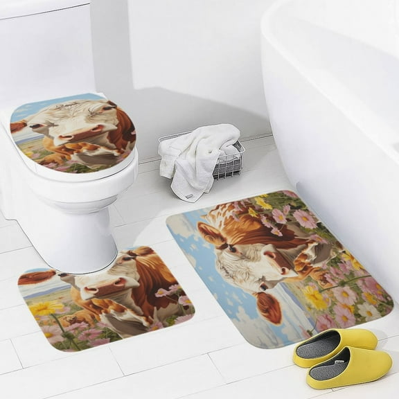 Farmhouse Highland Cow Funny Cattle And Flower Bathroom Mats Set 3-piece Bath Mats , Floor Rug Decorations for Kitchen Bathroom Bedroom