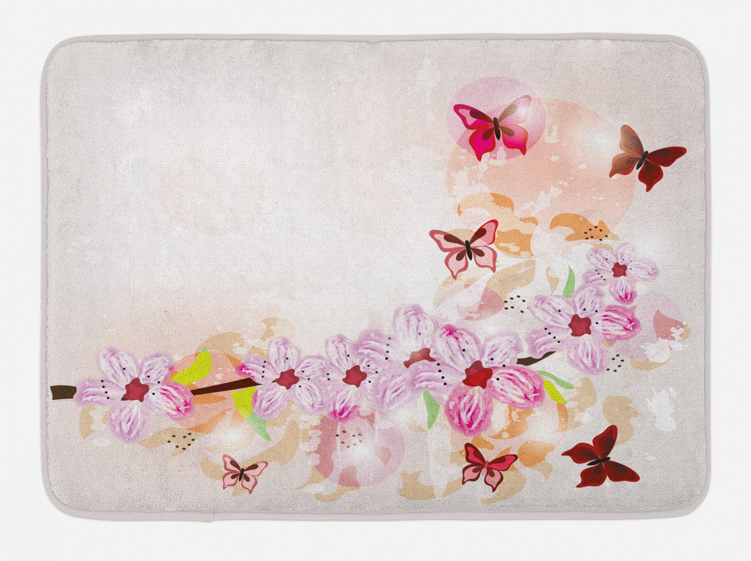 Peach Bath Mat, Artistic Spring Flower Arrangement with Cute Little Butterflies Wildflowers on