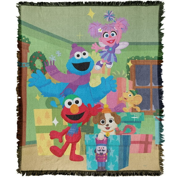 Sesame Street Furry Friends Forever Blanket, 50'x60' Elmo Abby Cookie Monster Presents Woven Tapestry Cotton Blend Fringed Throw Blanket