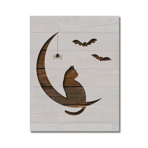Halloween Cat on Moon with Bats Stencil Template Reusable 8.5 x 11 Inches for Painting on Walls, Wood, Arts and Crafts by Stencilville